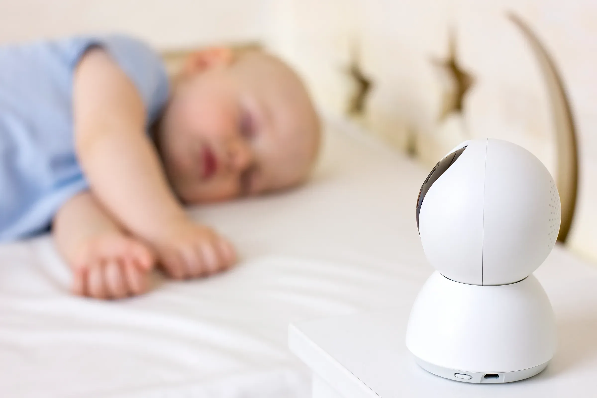 Cute little baby boy sleeping on bed at home with baby monitor camera, baby monitors & tech ecommerce