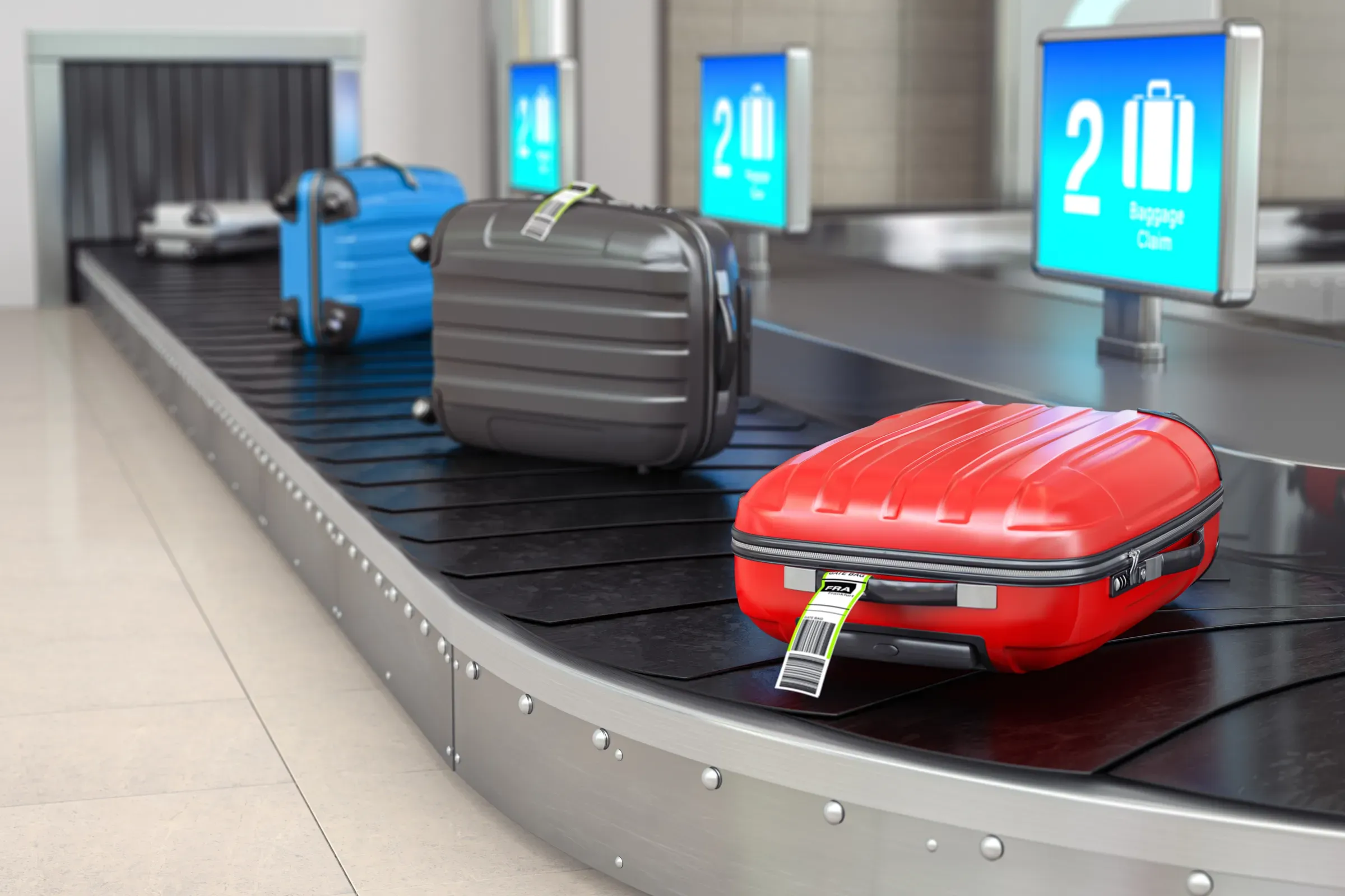 Baggage claim in airport terminal. Suitcases on the airport luggage conveyor belt, bags, luggage & travel gear ecommerce