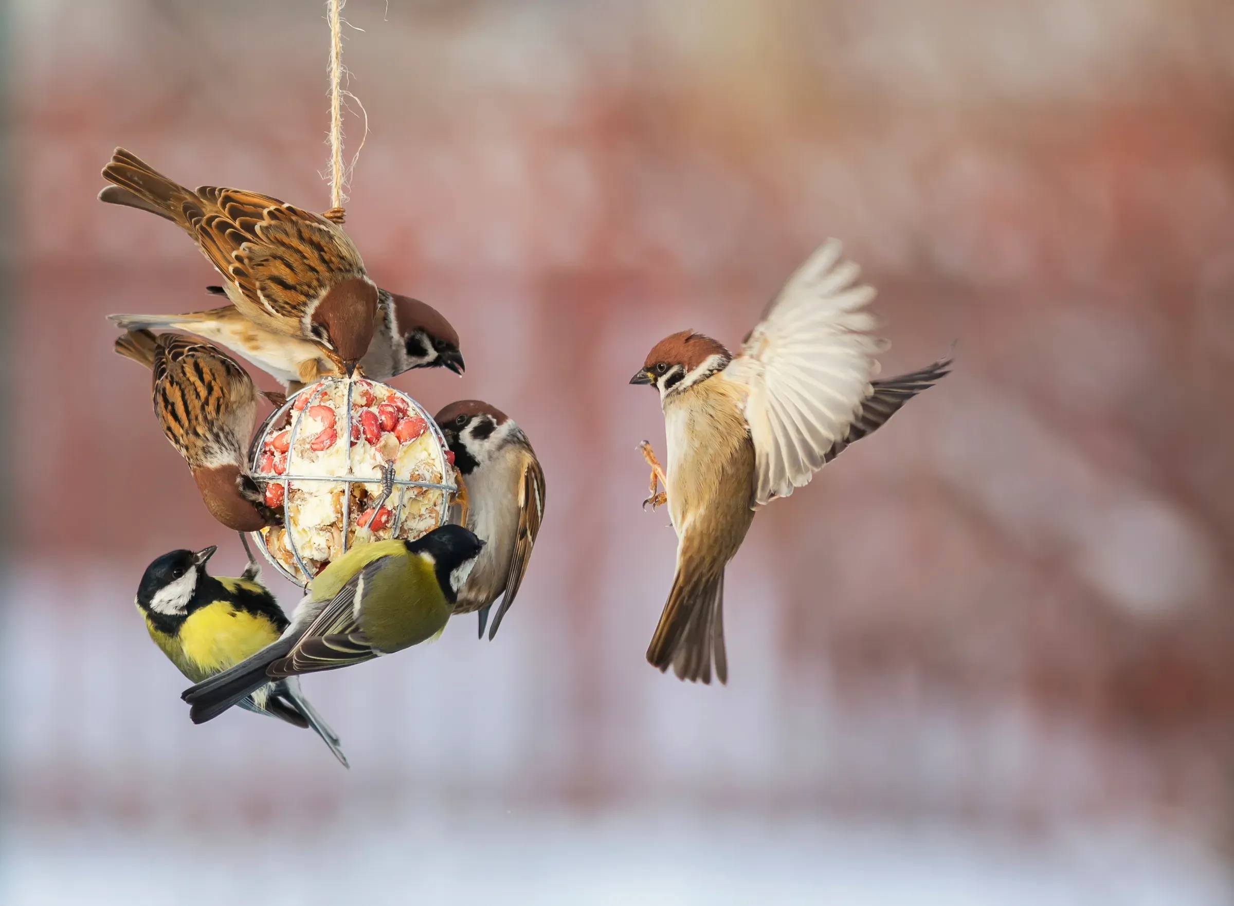 Birds tits and sparrows sit on the feeder and et oil with seeds and nuts in the winter garden, bird feeders & wildlife ecommerce