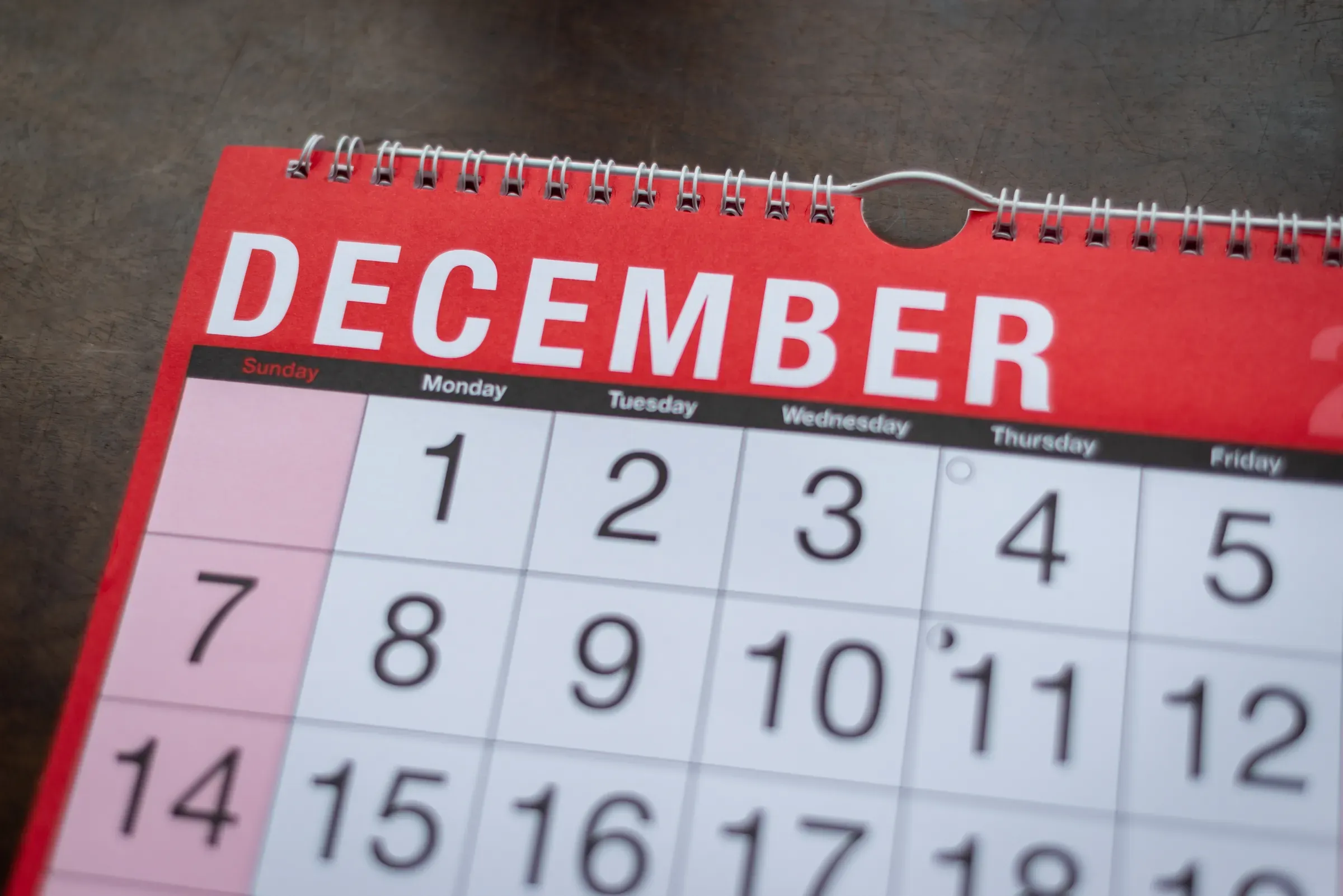 Calendar 2025, December, close up of monthly planner for wall and desk, calendars ecommerce