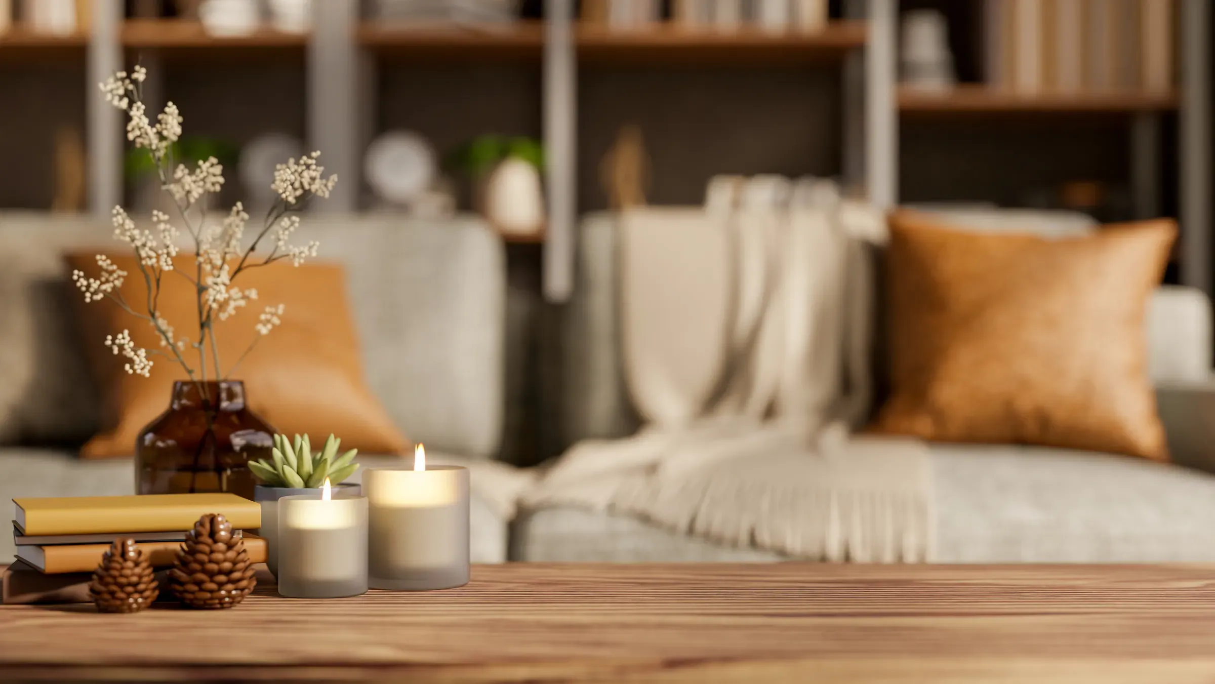 Lighting aroma scented candles and decorative item on wooden table across fabric sofa in living room, candles & home fragrance ecommerce