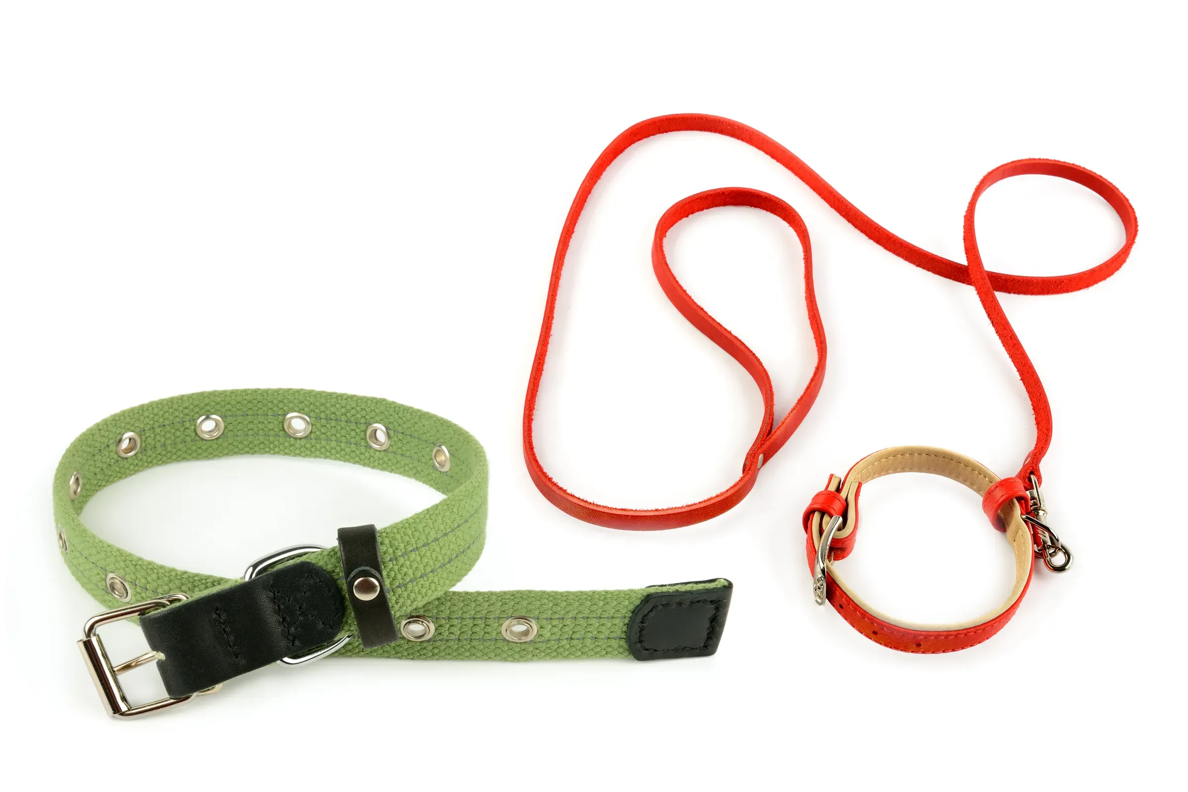 Durable green textile dog collar with metal buckle next to a bright red leather leash and matching small, dog accessories & collars ecommerce