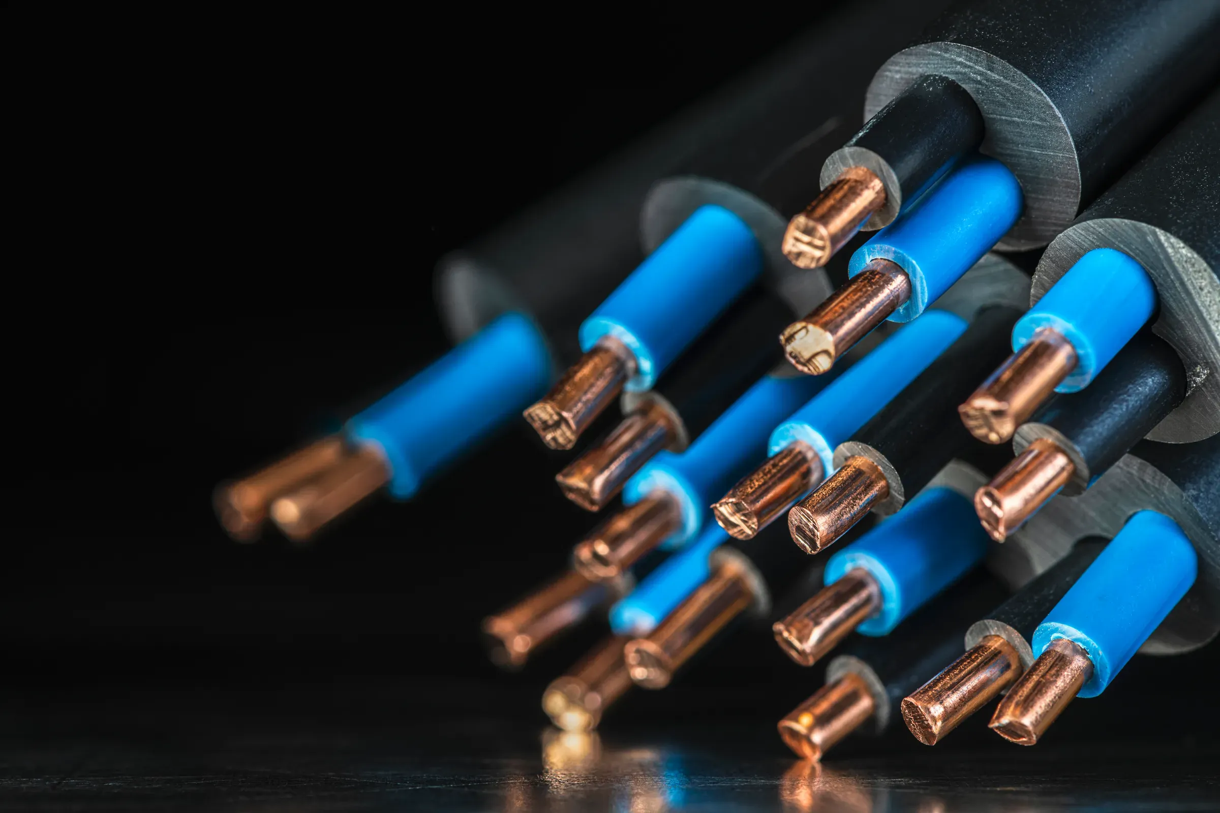 Bundle of copper electrical cables with stripped ends, prepared for electrical installation, electrical & lighting supply ecommerce