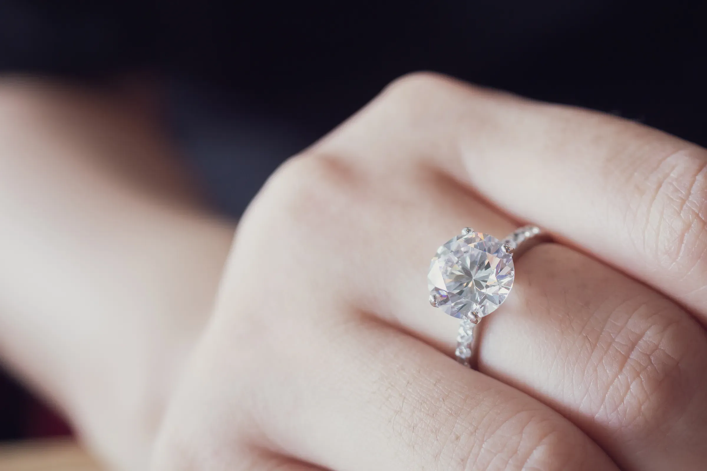 Engagement diamond ring on woman finger closeup, engagement rings ecommerce