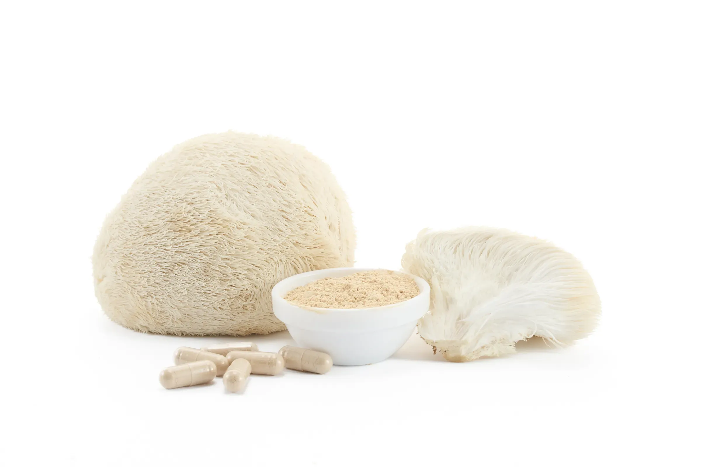 Lion's Mane Mushroom Supplement on white background, functional mushrooms ecommerce