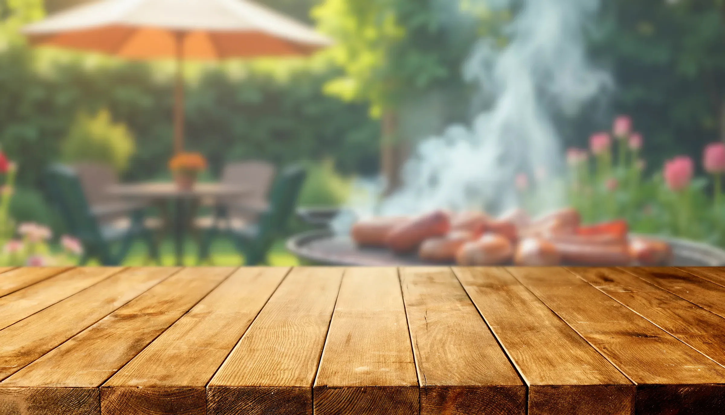 Empty Table with Barbecue Grill and Garden in Background – Outdoor Cooking, grills & bbq ecommerce