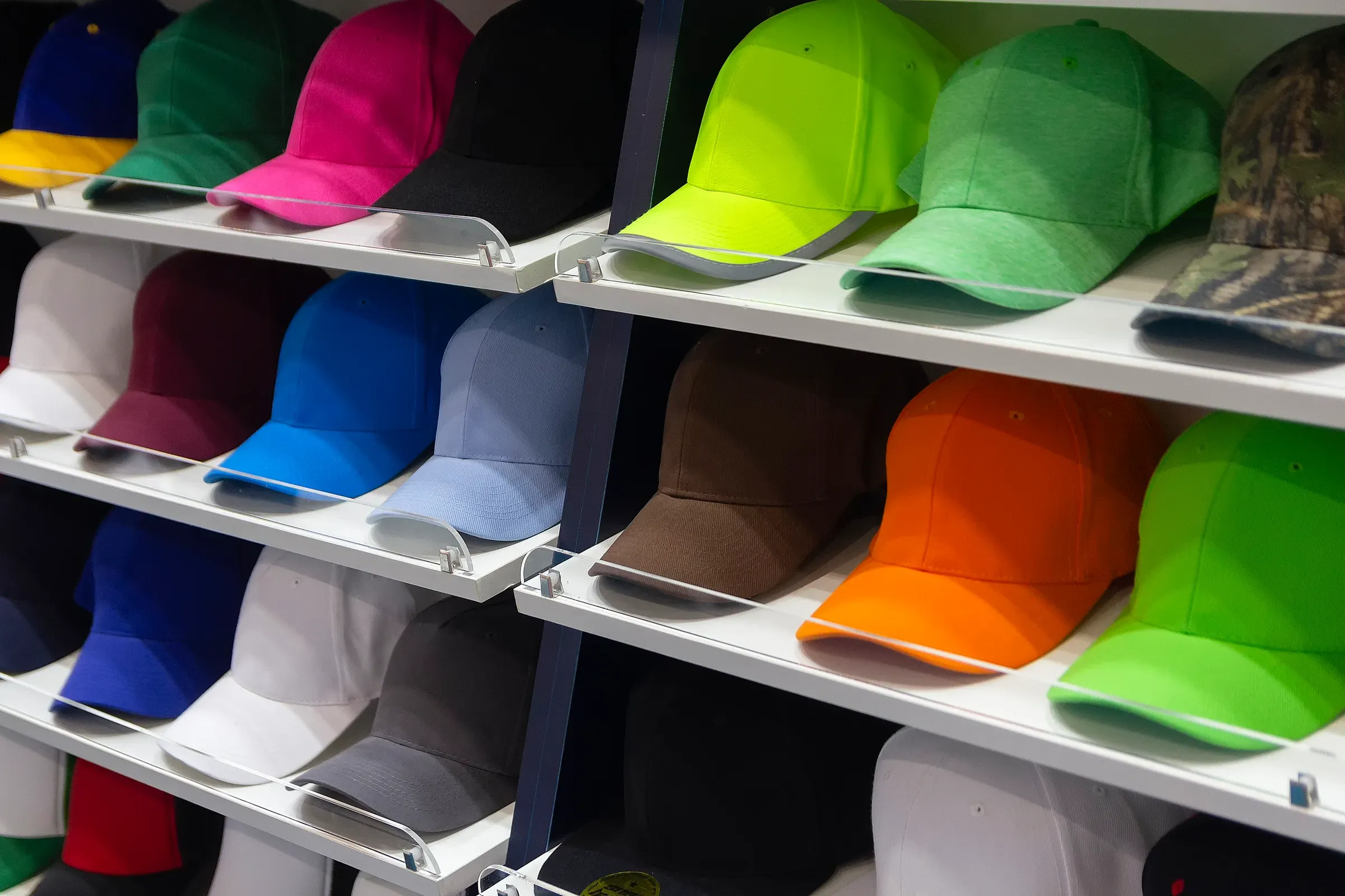Colorful caps neatly displayed on shelves in an shop, hats & headwear ecommerce