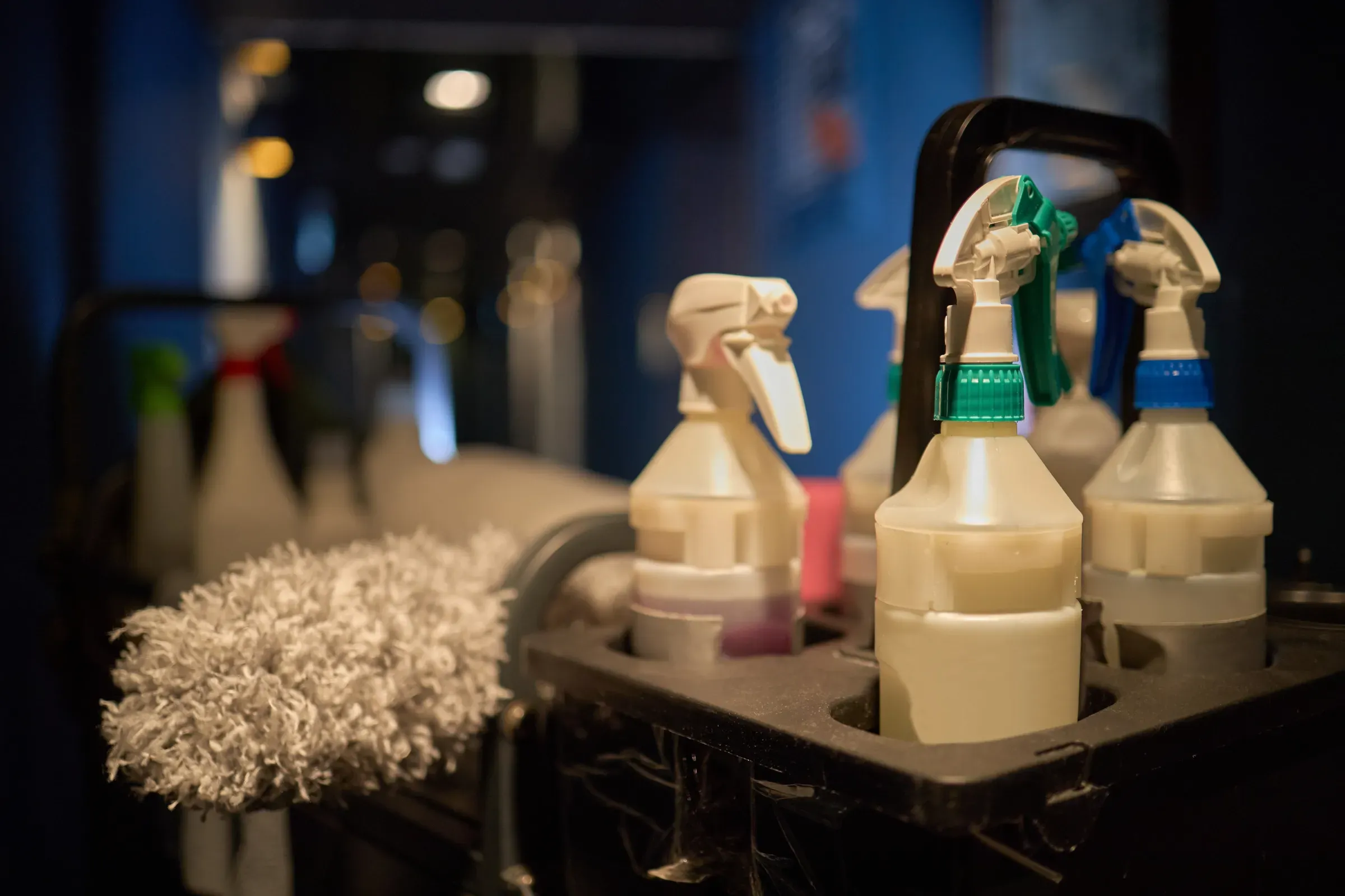 Cleaning Supplies Arranged on Cart for Professional Janitorial Service, janitorial & cleaning supply ecommerce