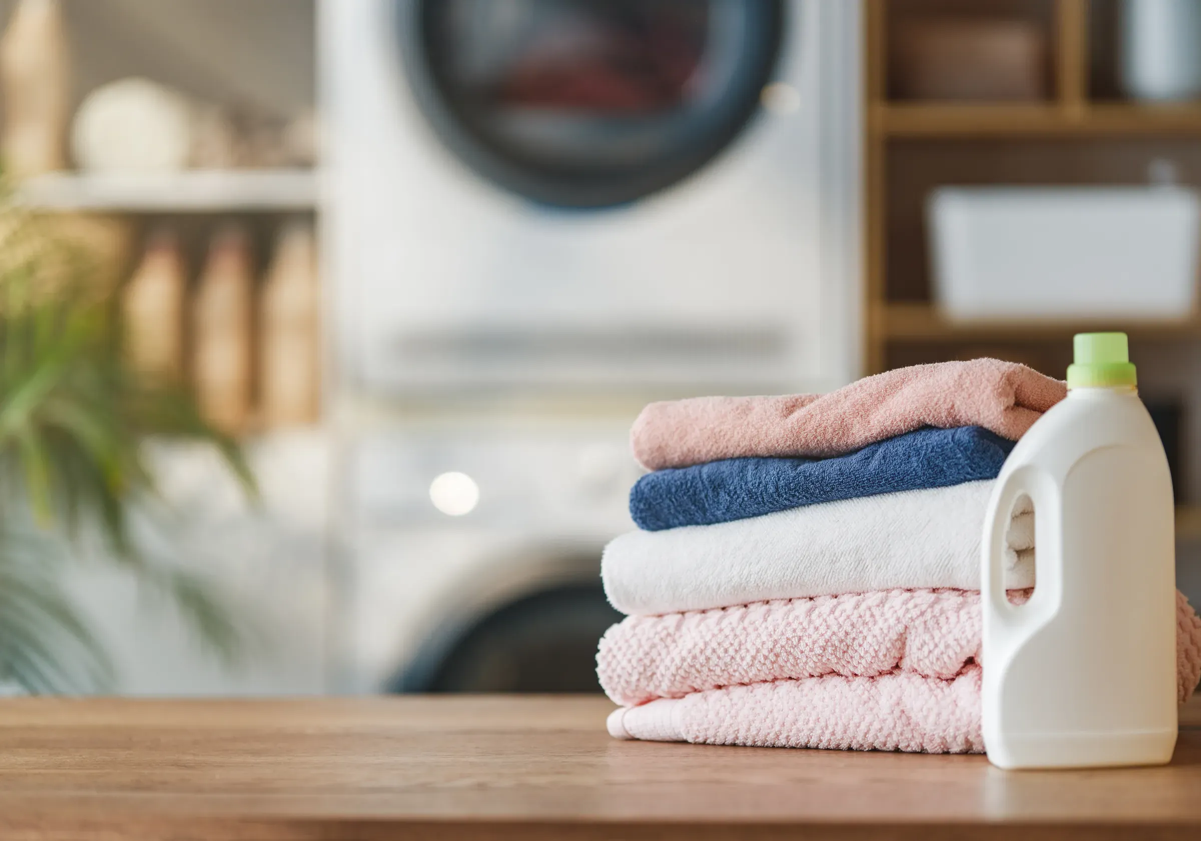 Stack of folded towels and detergent in laundry room, laundry & detergent ecommerce