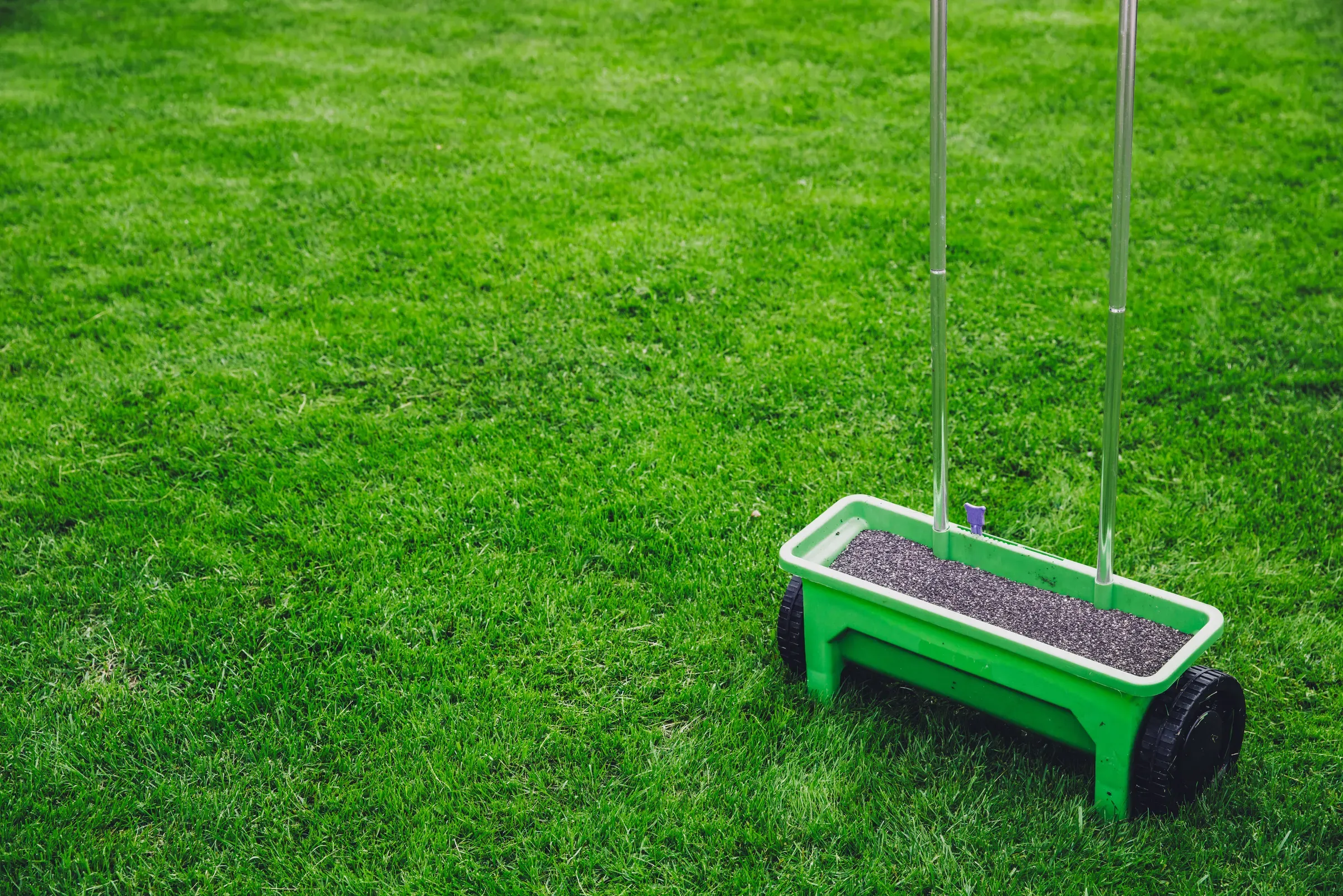 Lawn fertilizer spreader on vibrant green grass surface for lawn care and maintenance, lawn care & fertilizer ecommerce