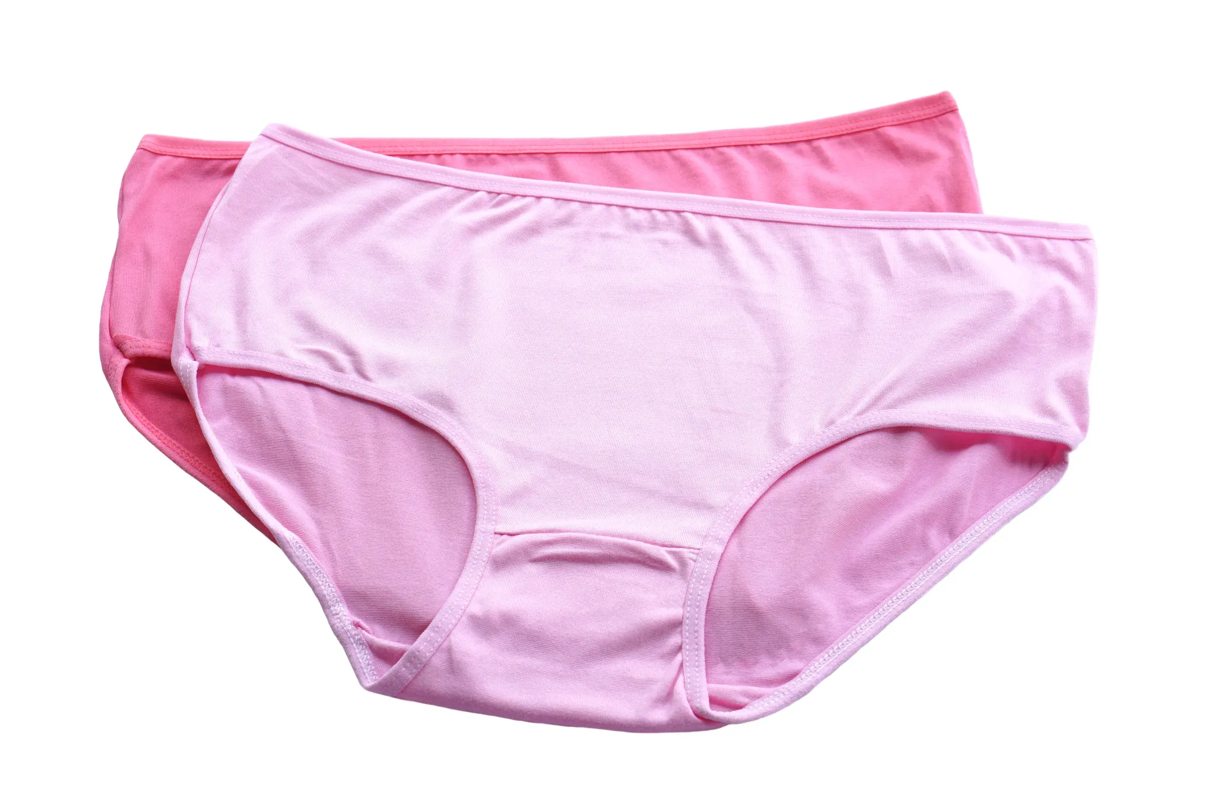 Two pink women's underwear briefs isolated on a white background, featuring a simple comfortable design for, lingerie & intimates ecommerce