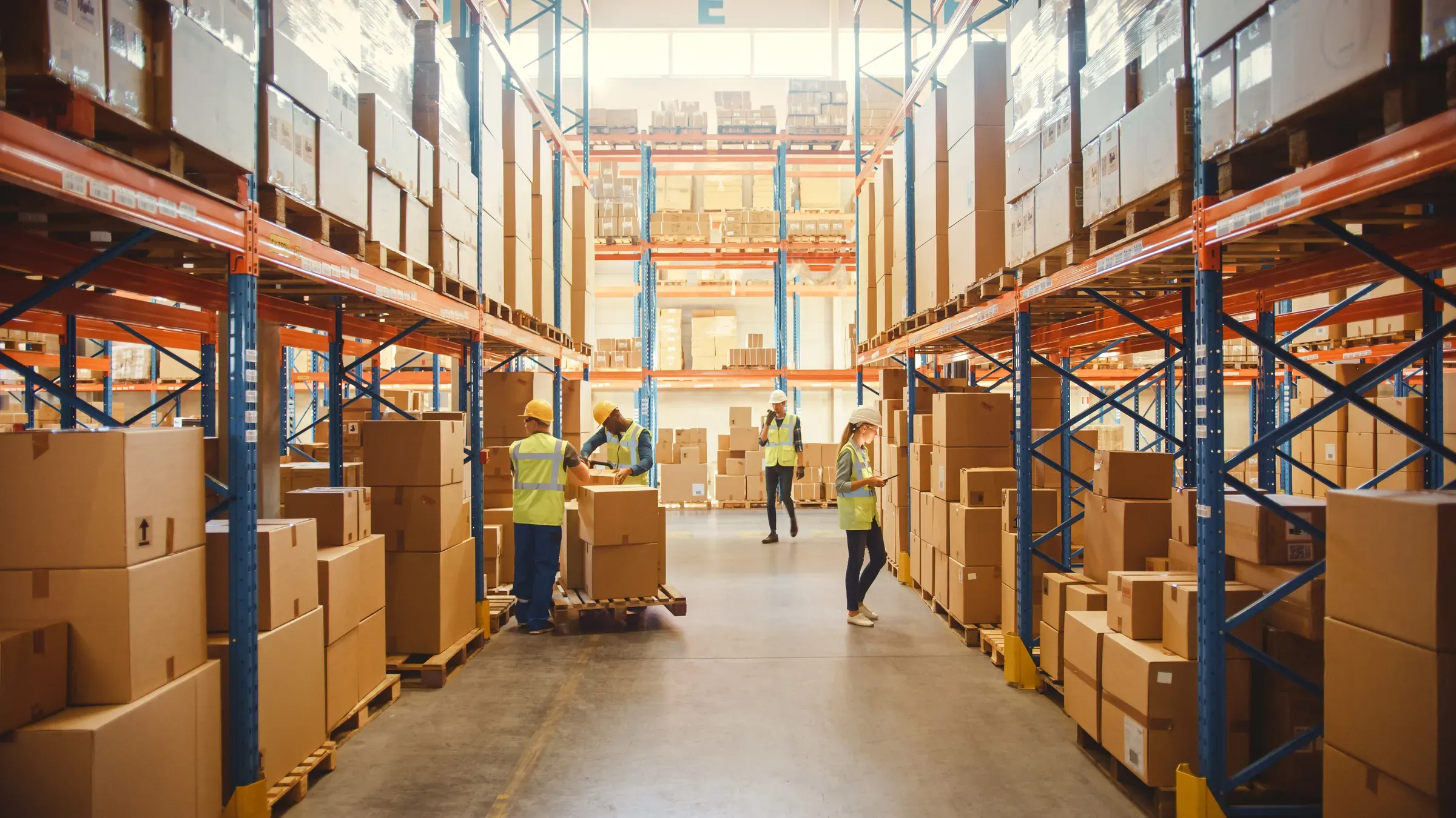 Retail Warehouse full of Shelves with Goods in Cardboard Boxes, Workers Scan and Sort Packages, Move, packaging supplies ecommerce
