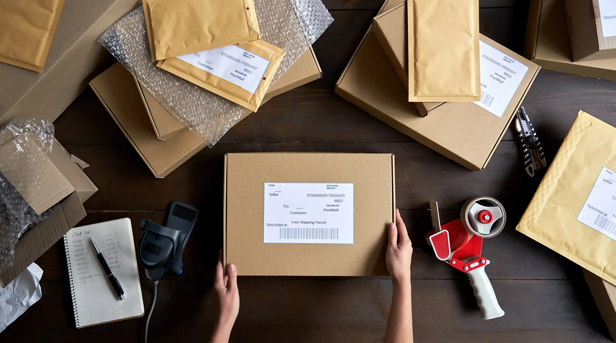 Overhead view of hands labelling a parcel on a dark desk