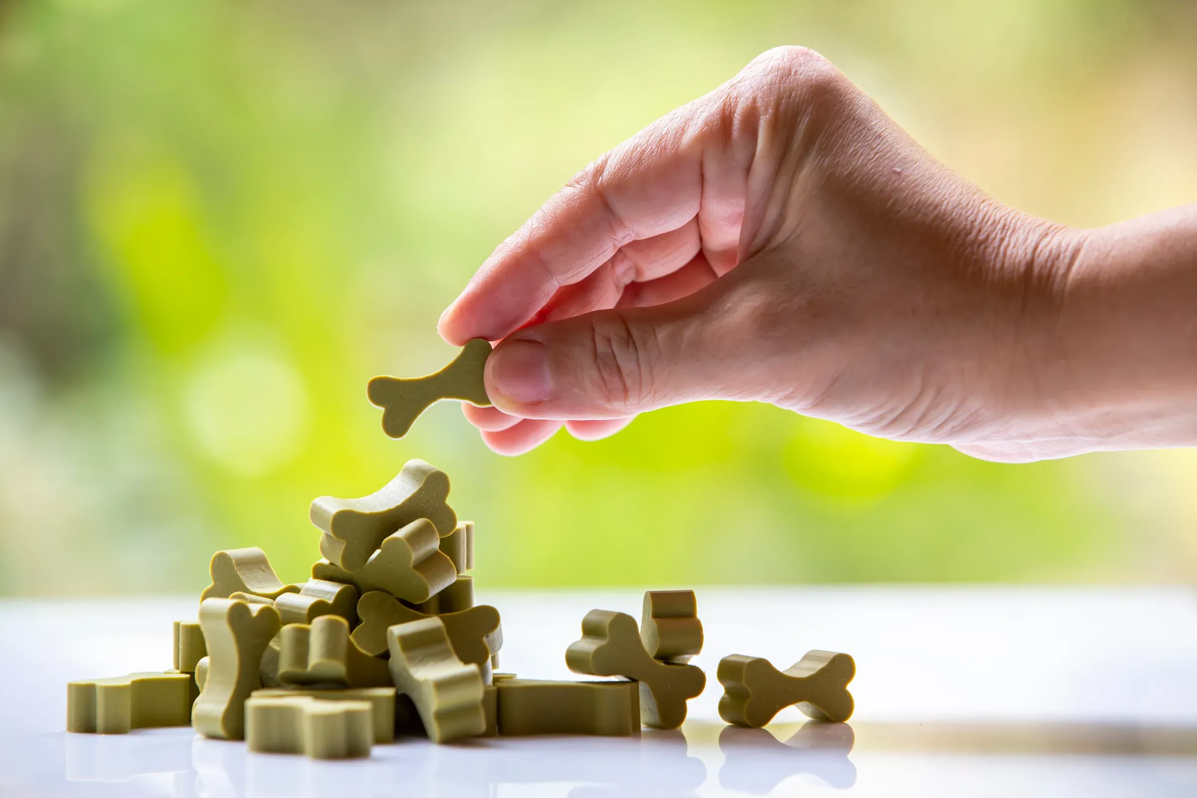 Woman hand picking up Dog treats are chewy green sticks, bone shaped on white acrylic in bokeh green garden, pet supplements ecommerce