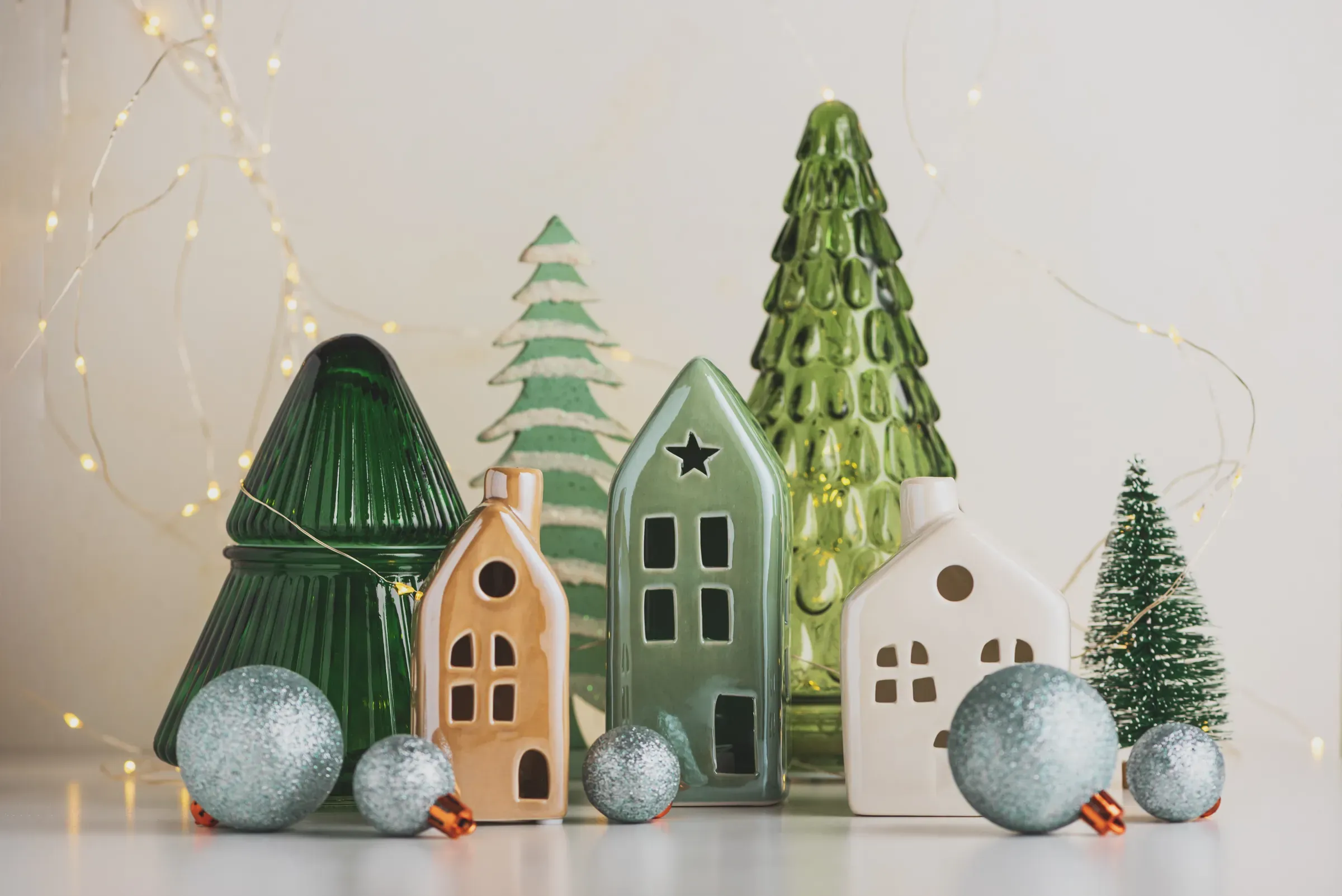 Miniature Christmas Trees and Ceramic Houses with Ornaments and Lights, seasonal & holiday decor ecommerce