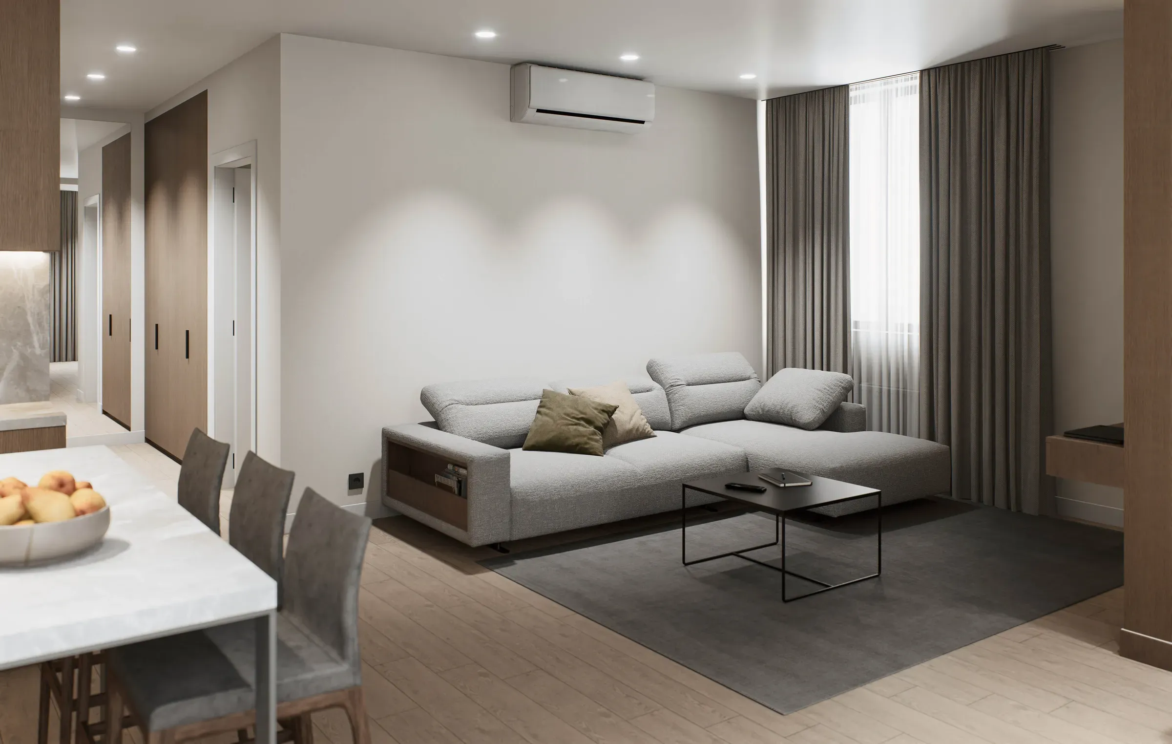Modern minimalist living room with sectional sofa, coffee table, curtains, and warm neutral decor, sofas & sectionals ecommerce