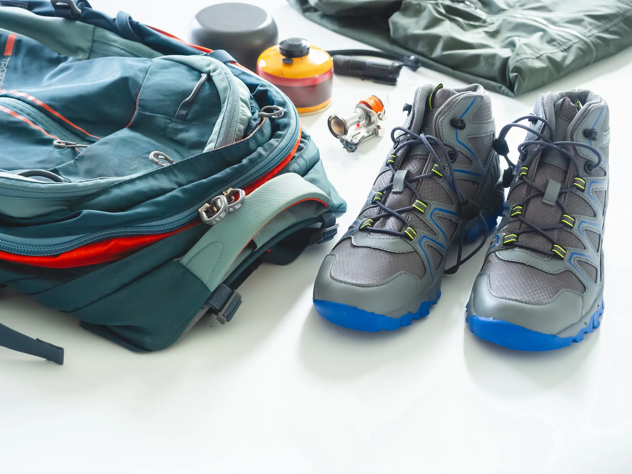 Hiking gear and camping equipment for travel on white background, sports & outdoors ecommerce
