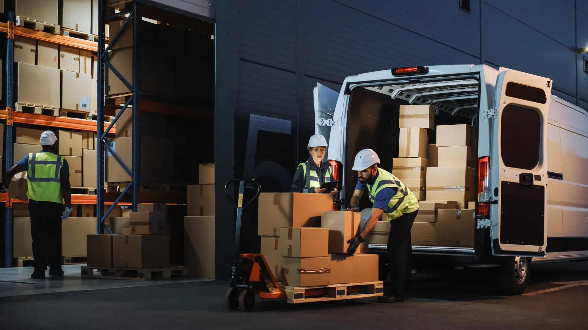 Inventory manager checking stock on a tablet outside a retail logistics warehouse